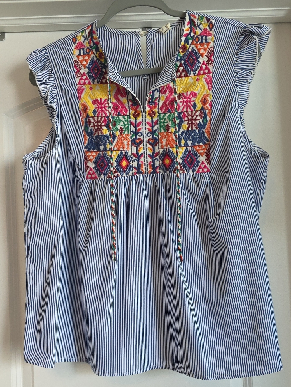 EUC XL Boutique Striped Sleeveless Embroidered Yoke Top - Blue & Multi